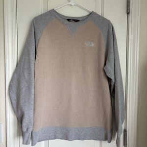 The North Face Mens Raglan Crewneck Sweatshirt TNF Embroidered Beige Gray- Med